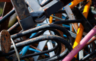 abandoned talus of multicolored metal pipes